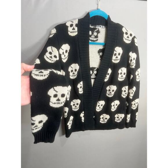 Skull Cardigan Black White Somfort Cozy Y2K Emo Goth Grunge Whimsy Rock Sz L - Picture 5 of 14